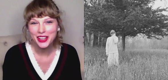 Taylor Swift smiling at the camera wearing a v-neck top and a black and white album cover of Taylor Swift wandering around the woods
