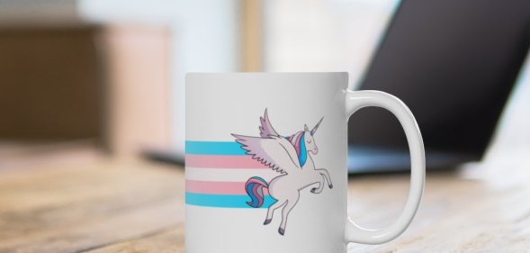 The trans flag unicorn rainbow mug available from the PinkNews store
