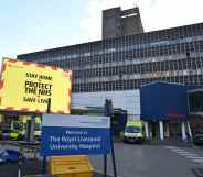 A Covid warning outside Royal Liverpool University hospital in Liverpool, north west England on January 5