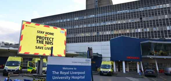 A Covid warning outside Royal Liverpool University hospital in Liverpool, north west England on January 5