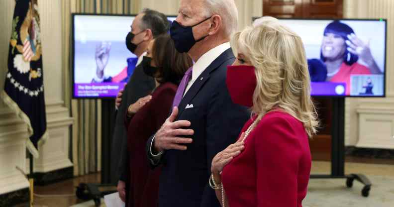 US president Joe Biden, first lady Dr Jill Biden, Vice President Kamala Harris and Second Gentleman Doug Emhoff watch the virtual presidential inaugural prayer service