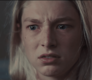 Extreme close up of a worried Jules (Hunter Schafer)