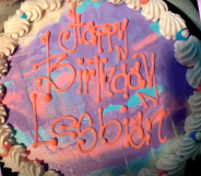 Dairy Queen cake with icing that reads "happy birthday lesbian"