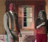 Wanda and Vision in their living room, the scene transforming from black and white to colour
