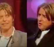 (L) David Bowie in a grey suit smiling. (R) Jonathan Ross in a black suit mid-speaking,