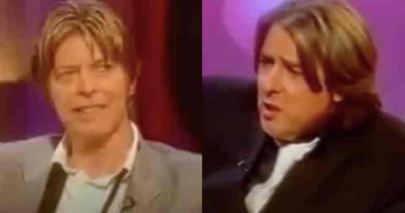 (L) David Bowie in a grey suit smiling. (R) Jonathan Ross in a black suit mid-speaking,