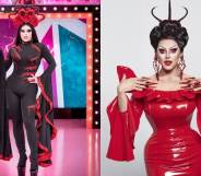 Cherry Valentine in the Werk Room in a black bodysuit with flared sleeves trimmed in red and a headpiece made up of red hears / Cherry in a red latex dress with devilish horns