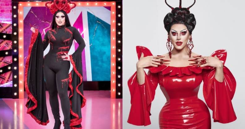 Cherry Valentine in the Werk Room in a black bodysuit with flared sleeves trimmed in red and a headpiece made up of red hears / Cherry in a red latex dress with devilish horns