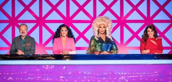 Drag Race UK's big purple judging panel, with Graham, Michelle , RuPaul and Elizabeth Hurley