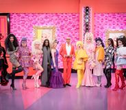 The new cast of Drag Race UK with RuPaul in the werk room