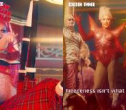 Lawrence Chaney rides giant bagpipes while other queens pose outside an entrance