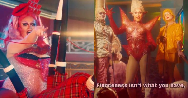 Lawrence Chaney rides giant bagpipes while other queens pose outside an entrance