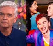 Phillip Schofield on This Morning, looking unimpressed / It's a Sin screen grab showing three young men and a woman laughing in the back of a cab
