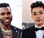 (L) Jason Derulo smiles in a motorcycle jacket. (R) James Charles looks to the camera in a tuxedo.