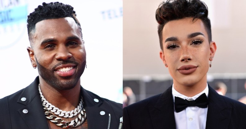 (L) Jason Derulo smiles in a motorcycle jacket. (R) James Charles looks to the camera in a tuxedo.