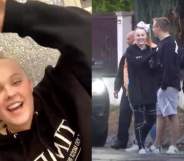 (R) Jojo Siwa smiles and waves in a black swarthiest. (R) JoJo Siwa speaks to police officers with a LAPD car by her
