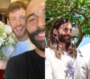 Jonathan Van Ness and Mark Peacock take a selfie in front of a bouquet of flowers (L) and wear white suits while looking into one another's eyes