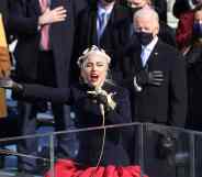 Lady Gaga singing in front of Joe Biden