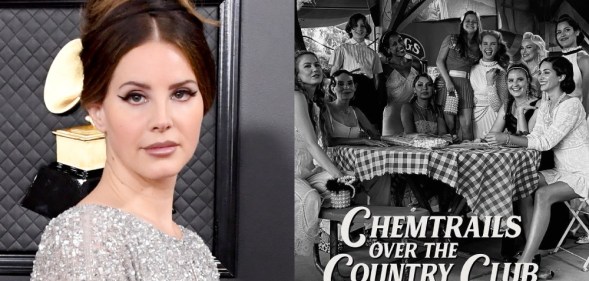 Lana Del Rey and her new Chemtrails album cover showing her at a gingham-covered table with friends