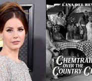 Lana Del Rey and her new Chemtrails album cover showing her at a gingham-covered table with friends