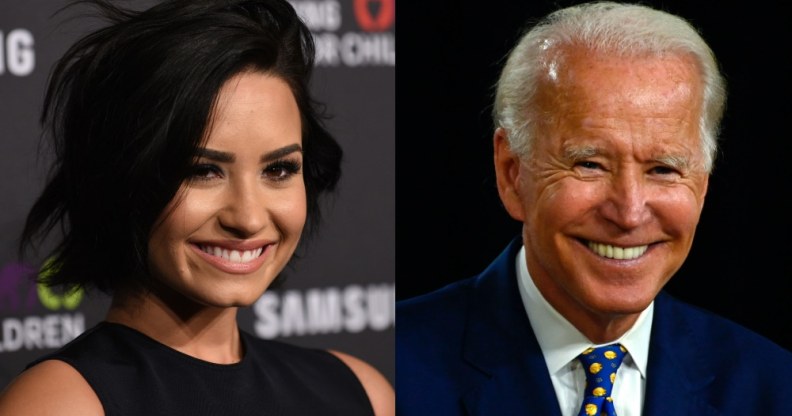 (L) Demi Lovato smiles in a black dress. (R) Joe Biden smiles in a blue polka-dot tie, white shirt and blue blazer