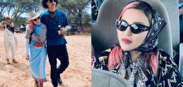 (L) Madonna walks with Ahlamalik Williams, his arm over her shoulder. (R) Madonna wearing sunglasses and a black bandanna sat in a bus