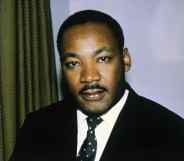 Close-up of the Reverend Dr. Martin Luther King, Jr. shown in this photo headshoulders, alone