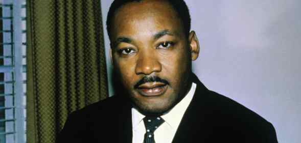 Close-up of the Reverend Dr. Martin Luther King, Jr. shown in this photo headshoulders, alone