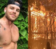 (L) Matthew Camp, shirtless and wearing a backwards black baseball cap, smiles to the camera. (R) A two-storey home engulfed in flames