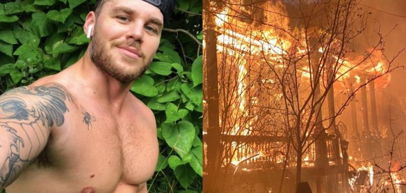 (L) Matthew Camp, shirtless and wearing a backwards black baseball cap, smiles to the camera. (R) A two-storey home engulfed in flames