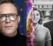 Paul Bettany wearing glasses and a black roll-neck / a WandaVision promo pic of Wanda and Vision in black and white, with the image distorting to reveal their usual superhero appearances