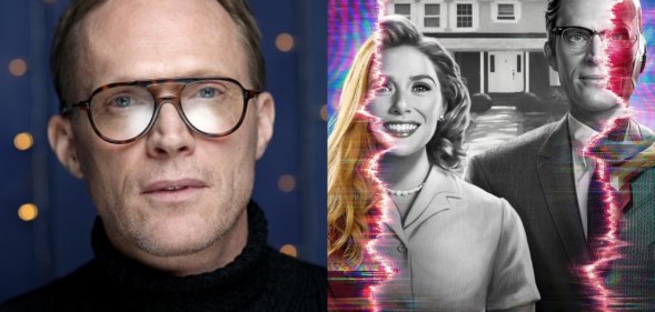 Paul Bettany wearing glasses and a black roll-neck / a WandaVision promo pic of Wanda and Vision in black and white, with the image distorting to reveal their usual superhero appearances