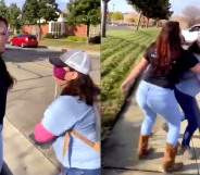 An LGBT+ protestor being attacked outside Destiny Church in Rocklin, California