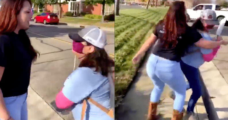 An LGBT+ protestor being attacked outside Destiny Church in Rocklin, California