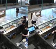 A man in a white shirt and tie grabs and throws an LGBT+ Pride flag at staff behind the counter of a food stall