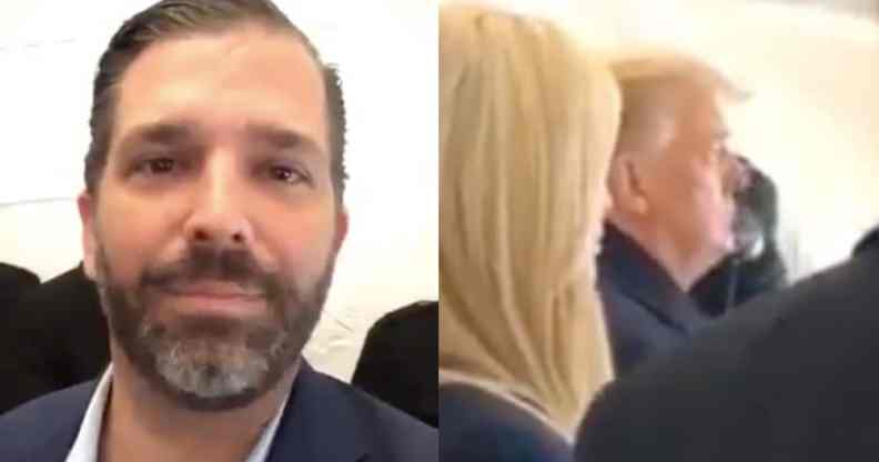 Donald Trump Jr smiles to the camera as his father watches footage of his supporters at a rally