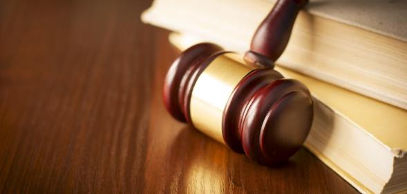 Court gavel leaning against books