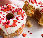 The love nut Yumnut, a croissant-doughnut covered in white icing and red hearts