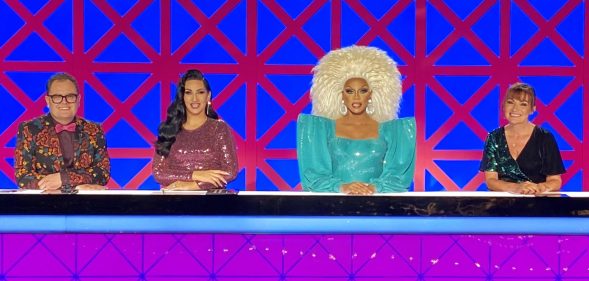 Alan Carr, Michelle Visage, RuPaul and Lorraine Kelly behind the Drag Race UK judges' table