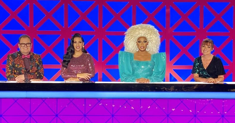 Alan Carr, Michelle Visage, RuPaul and Lorraine Kelly behind the Drag Race UK judges' table