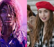 Michaela Coel with wet pink hair in front of a pink sunrise / Lily Collins in a red beret