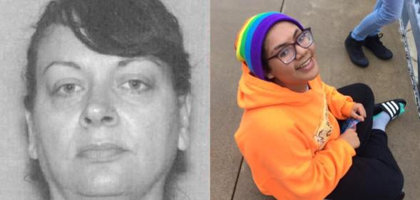 Grey-scale mugshot of Krisinda Bright. Jeffrey Bright, with a rainbow beanie and orange hoodie, sits on the pavement