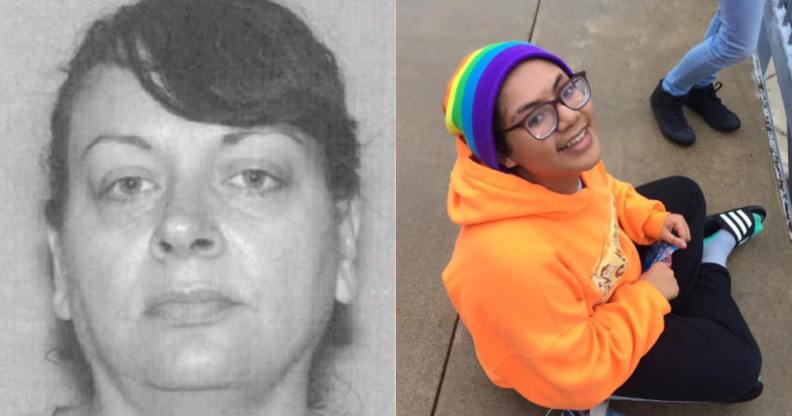 Grey-scale mugshot of Krisinda Bright. Jeffrey Bright, with a rainbow beanie and orange hoodie, sits on the pavement