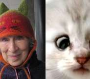 Margaret Atwood in a cat hat