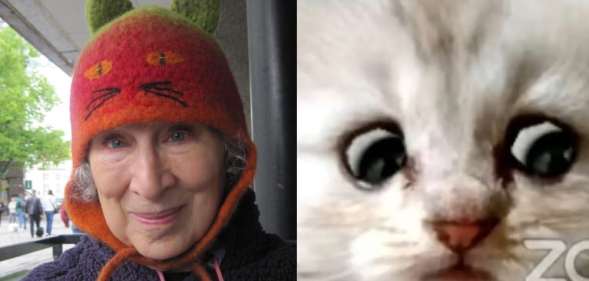 Margaret Atwood in a cat hat