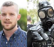 Collage of Russell Tovey and a person in a leather mask