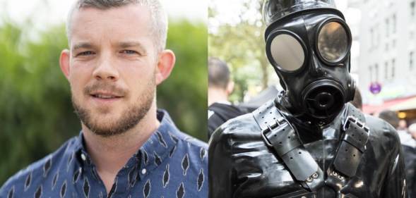 Collage of Russell Tovey and a person in a leather mask