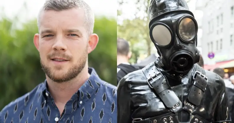Collage of Russell Tovey and a person in a leather mask