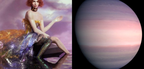 Sophie in front of an oil painting and a planet in similar pink and purple tones