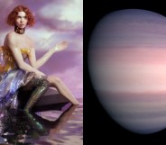Sophie in front of an oil painting and a planet in similar pink and purple tones